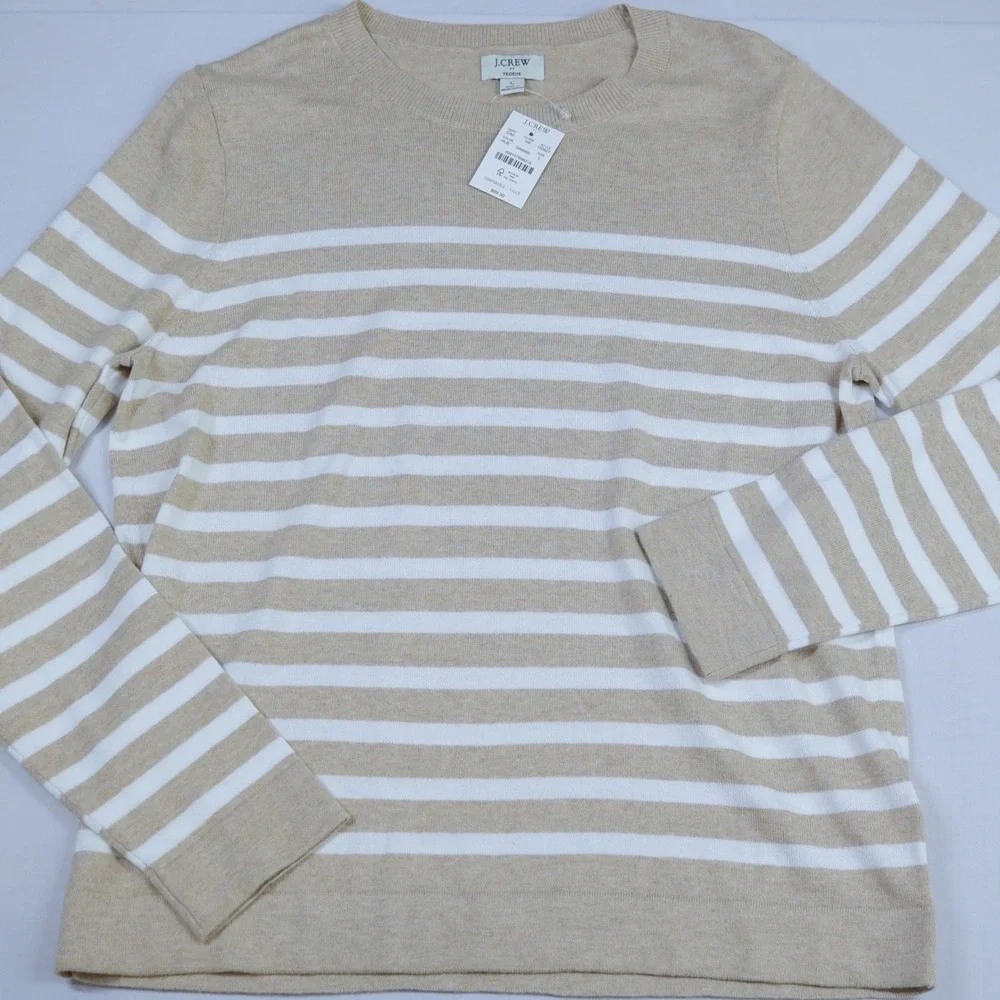 J.Crew Teddie Sweater Womens Large Tan White Striped Cotton Crewneck Coastal NWT